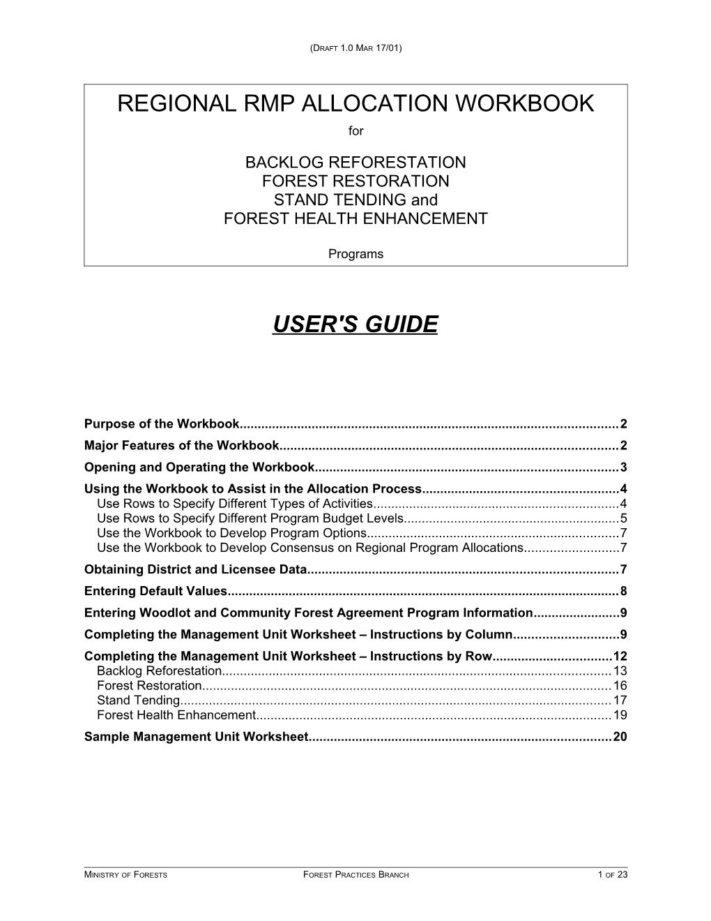 Regional Rmp Allocation Workbook