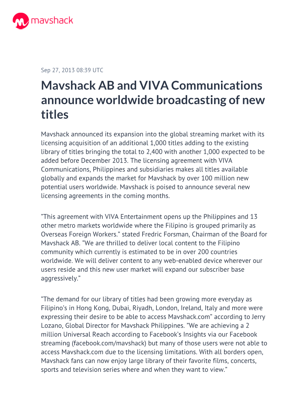 Mavshack AB and VIVA Communications Announce Worldwide Broadcasting of New Titles