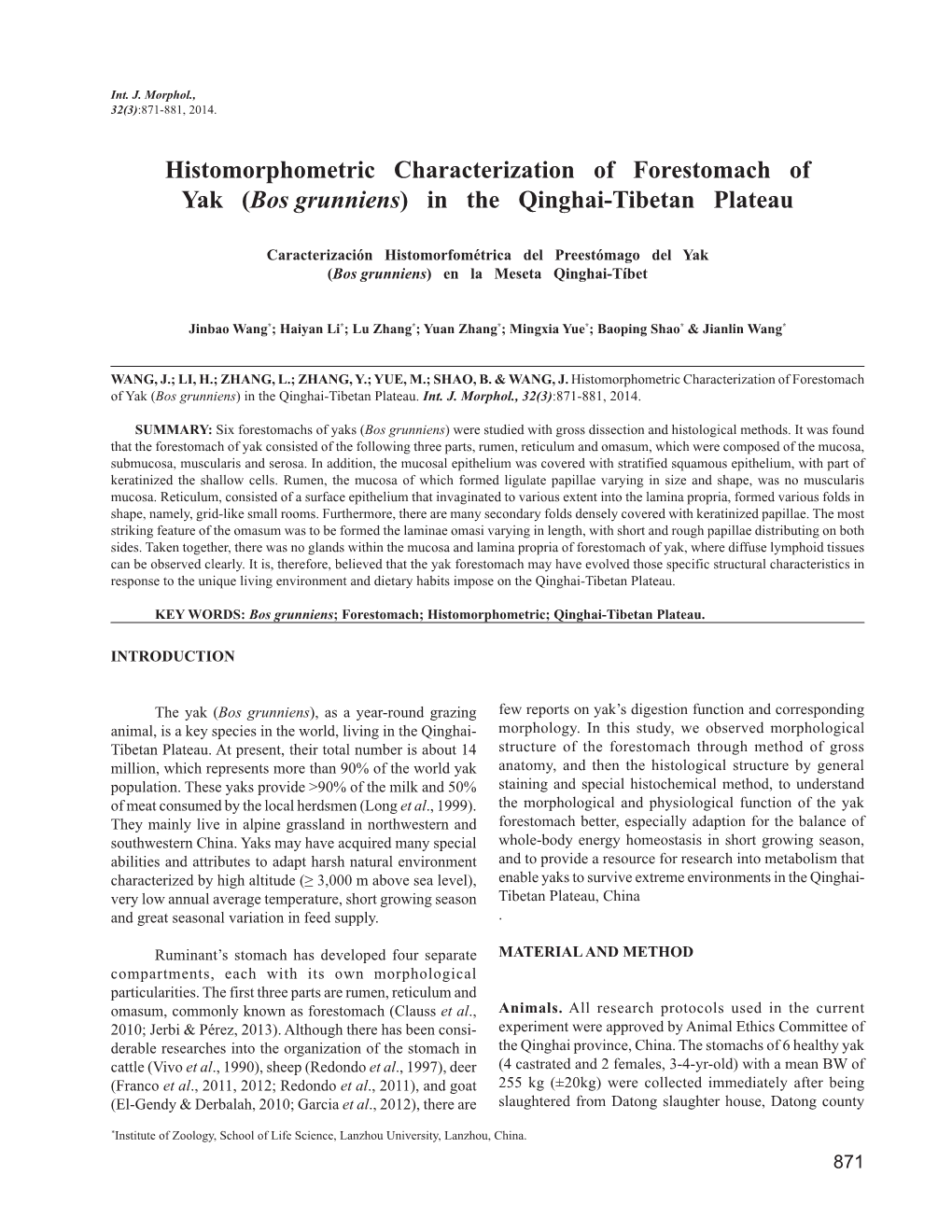 Histomorphometric Characterization of Forestomach of Yak (Bos Grunniens) in the Qinghai-Tibetan Plateau