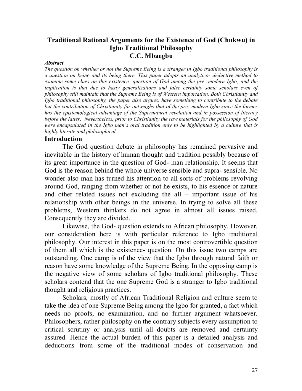 Traditional Rational Arguments for the Existence of God (Chukwu) in Igbo Traditional Philosophy C.C