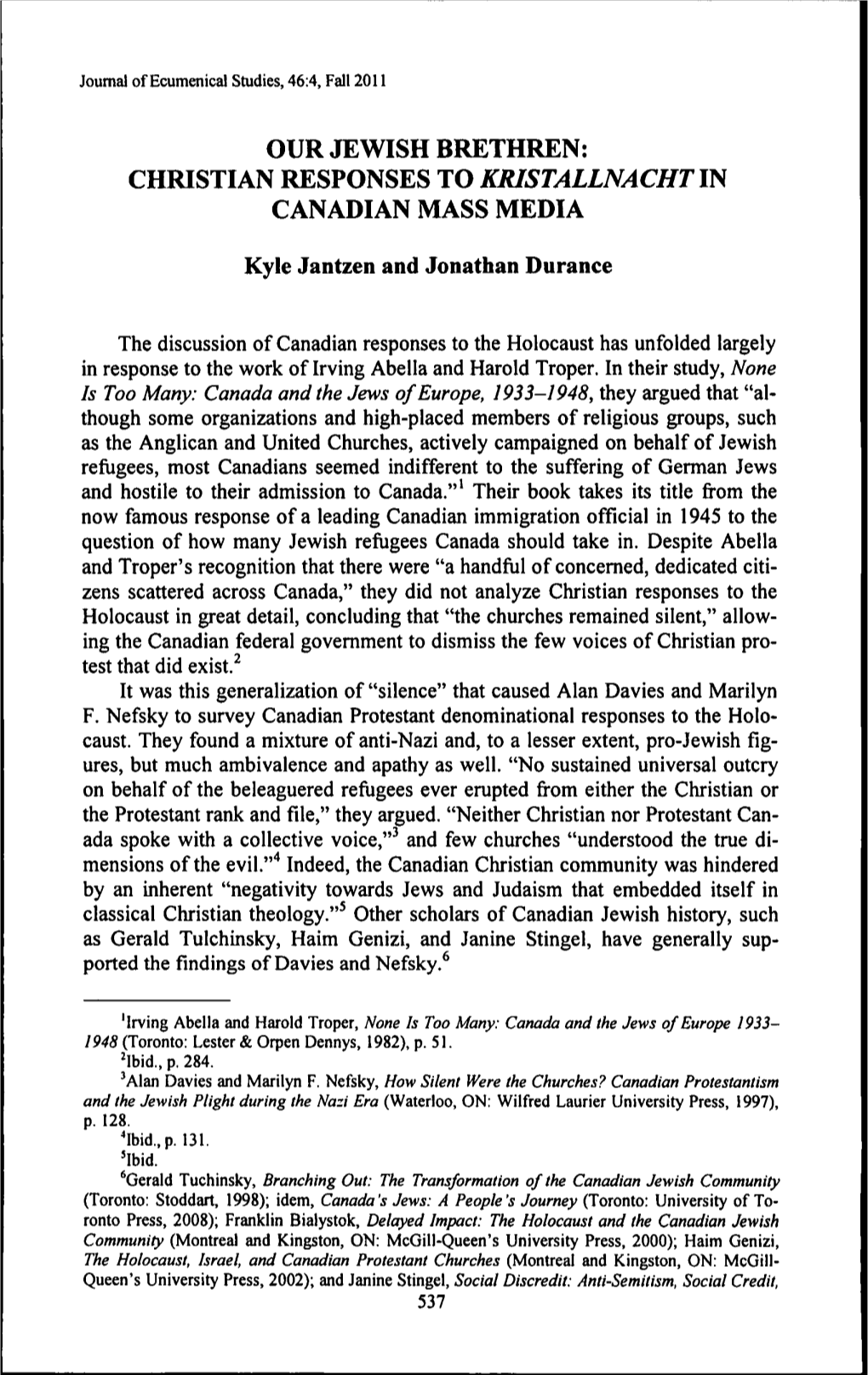 OUR JEWISH BRETHREN: CHRISTIAN RESPONSES to KRISTALLNACHT M CANADIAN IVIASS ]VIEDIA