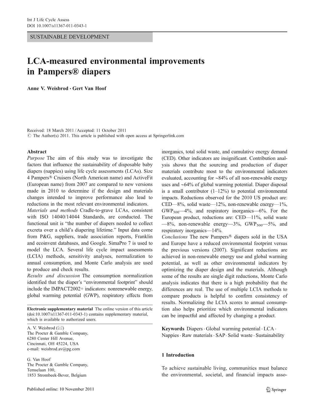 LCA-Measured Environmental Improvements in Pampers® Diapers