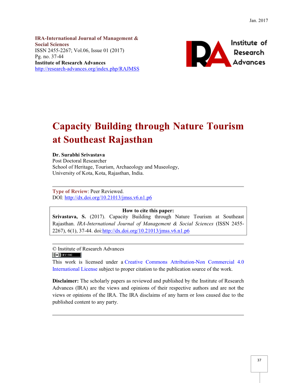 Capacity Building Through Nature Tourism at Southeast Rajasthan