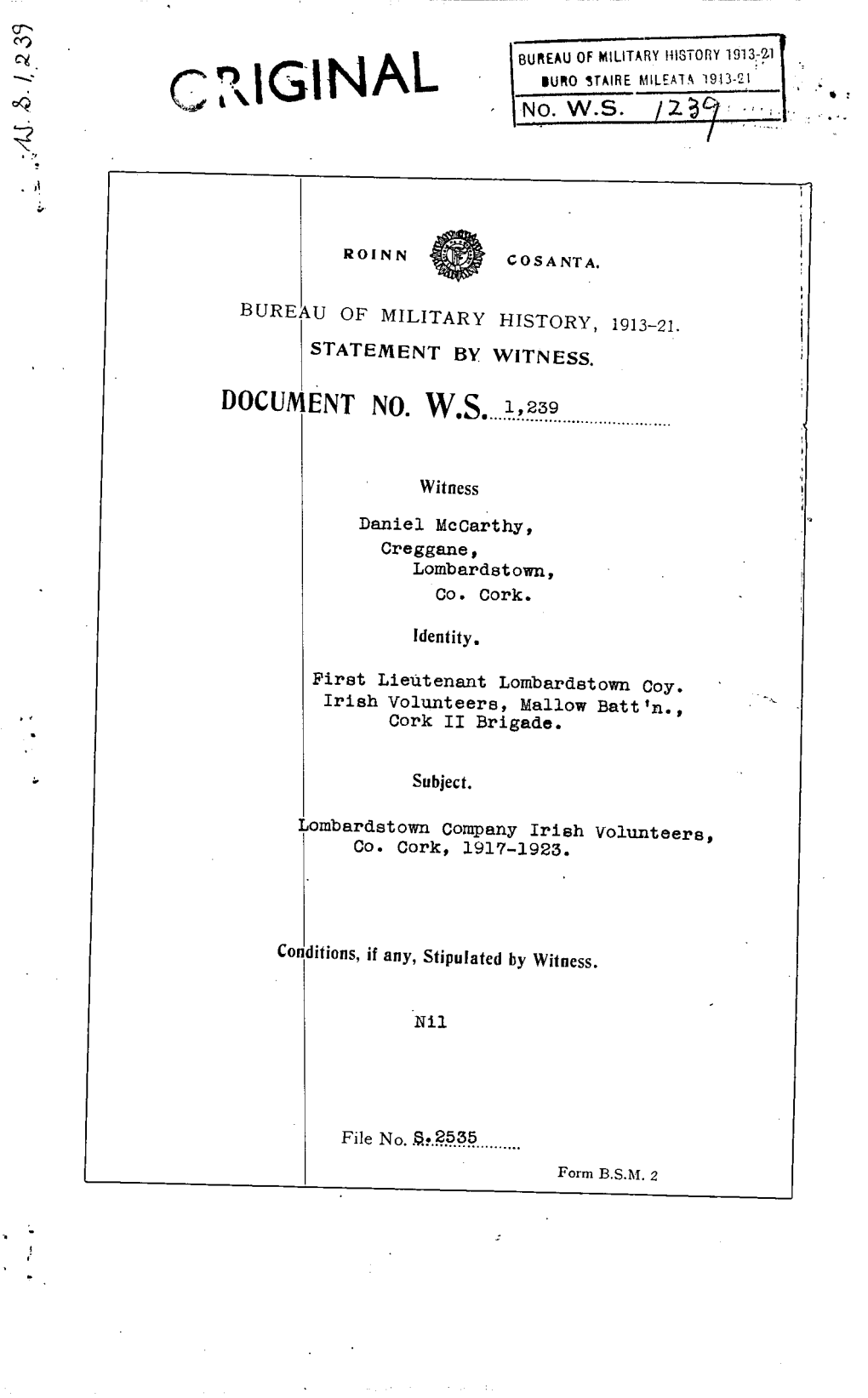 W.S. 1,239 Original Bureau Ofmilitar History1913-21