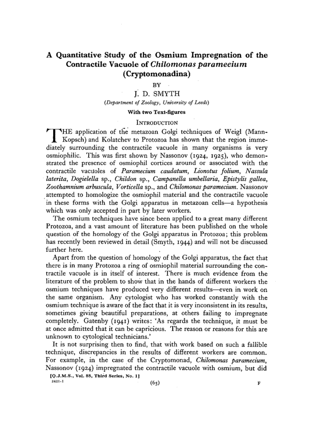 A Quantitative Study of the Osmium Impregnation of the Contractile Vacuole of Chilomonas Paramecium (Cryptomonadina) by ]