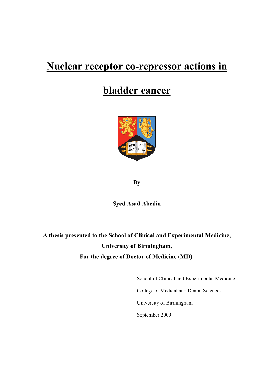 Nuclear Receptor Co-Repressor Actions in Bladder Cancer