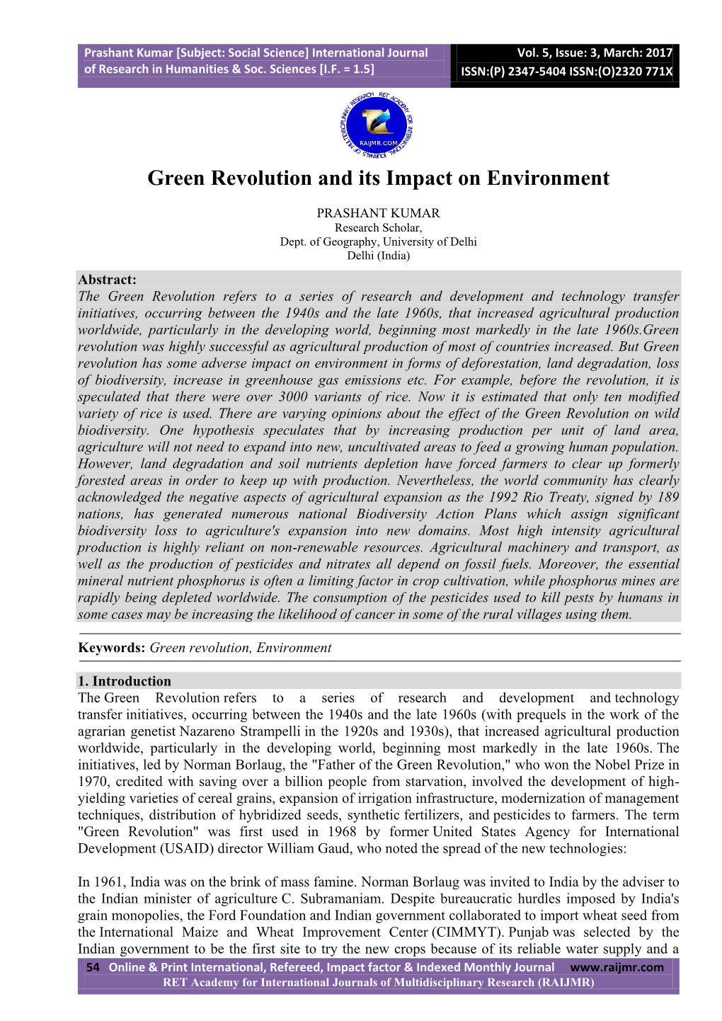 Green Revolution and Its After Effect on Biodiversity