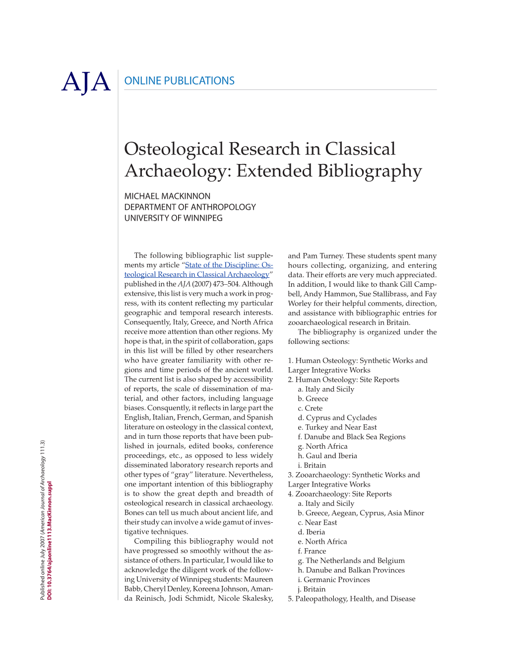 Osteological Research in Classical Archaeology: Extended Bibliography