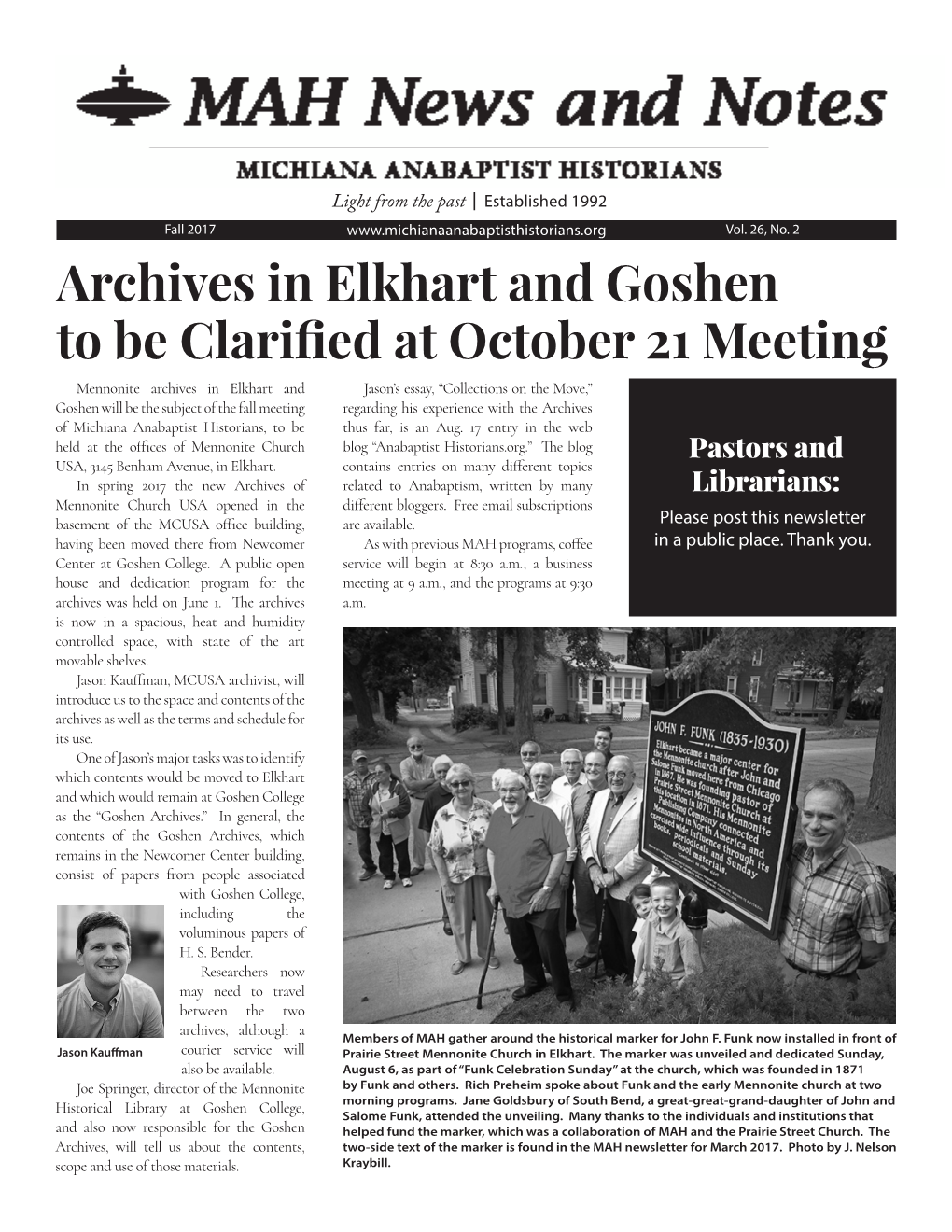 Archives in Elkhart and Goshen to Be Clarified at October 21 Meeting