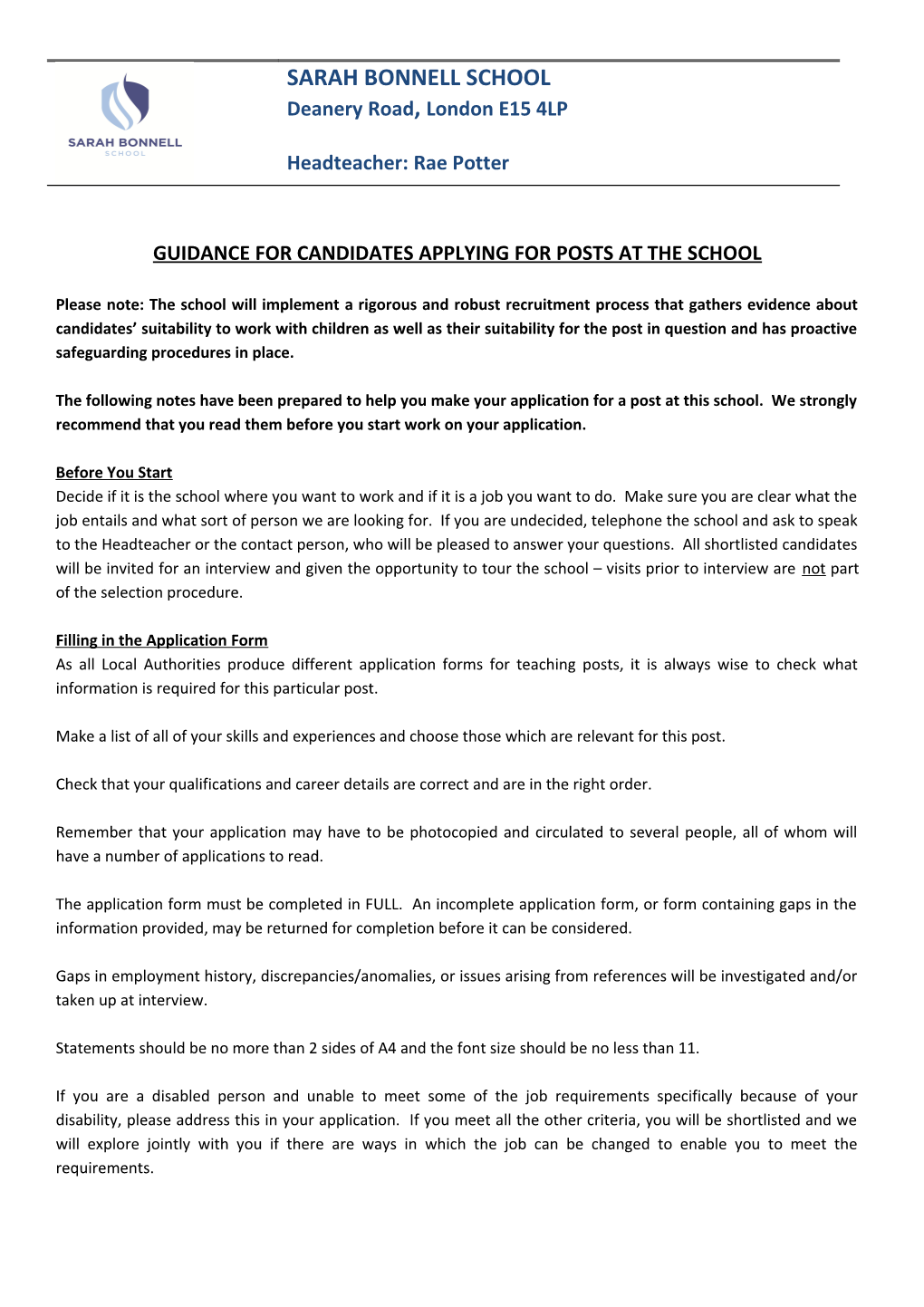 Guidance for Candidates Applying for Posts at the School