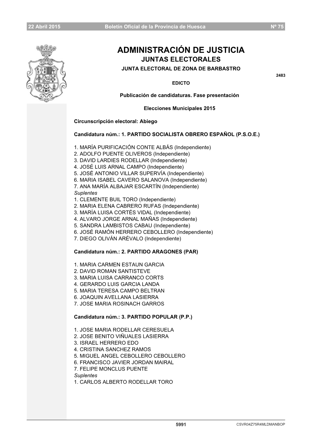 Junta Electoral De Zona De Barbastro 2483 Edicto