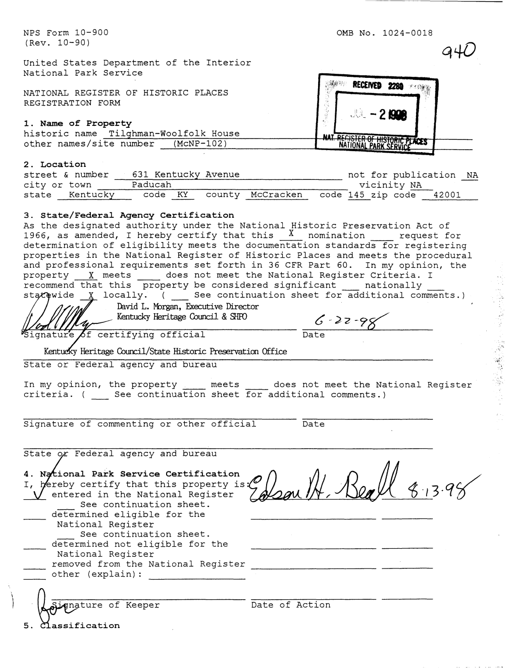 Historic Name Tilghman-Woolfolk House Other Names/Site Number (Mcnp-102)