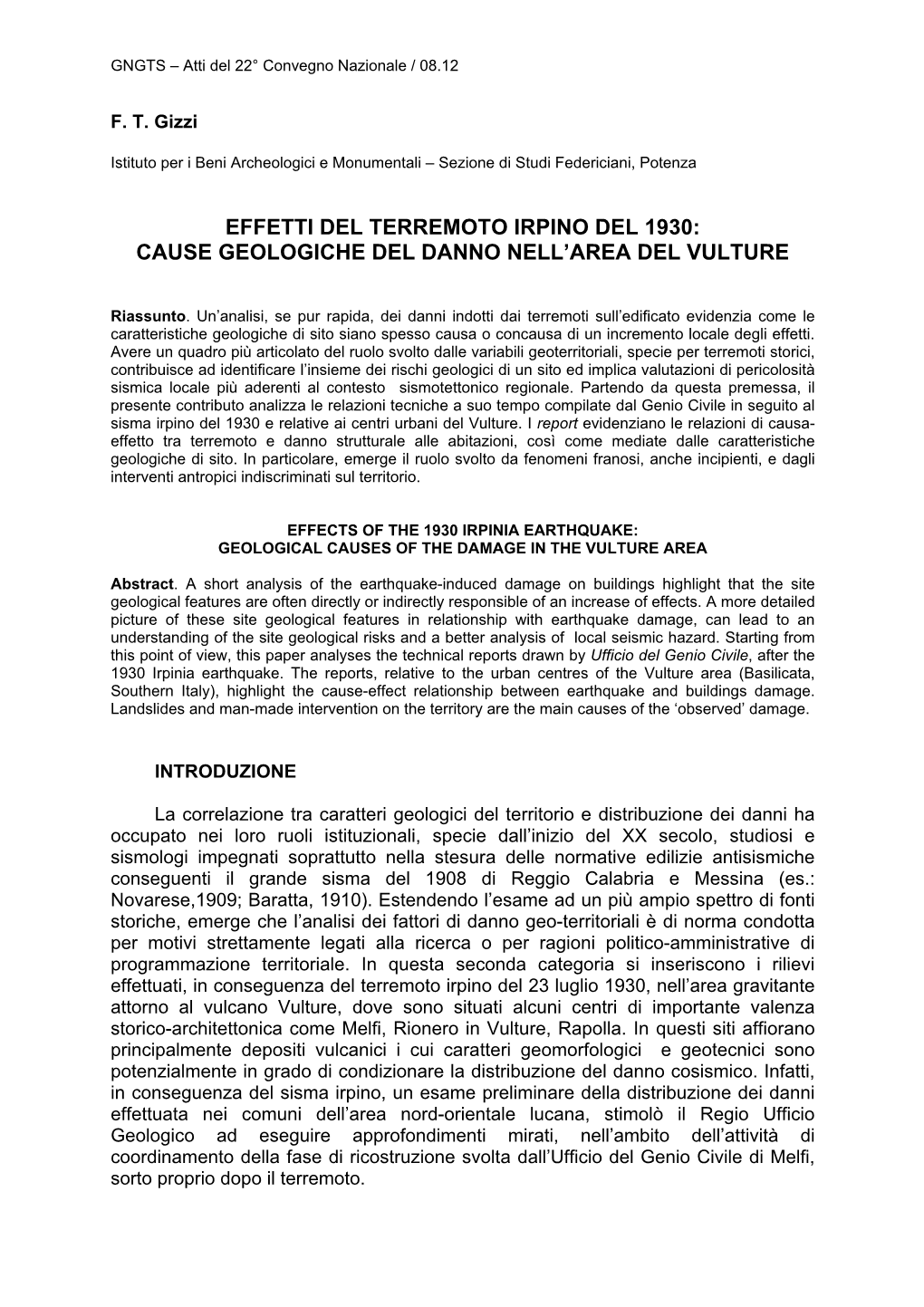 Effetti Del Terremoto Irpino Del 1930: Cause Geologiche Del Danno Nell’Area Del Vulture