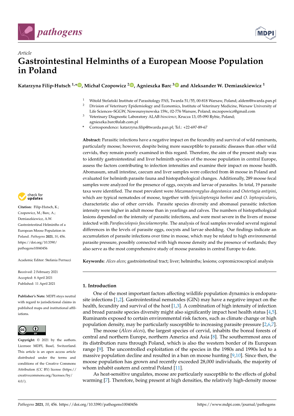 Gastrointestinal Helminths of a European Moose Population in Poland