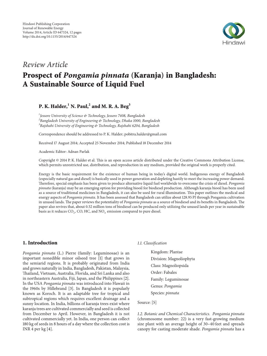Prospect of Pongamia Pinnata (Karanja) in Bangladesh: a Sustainable Source of Liquid Fuel
