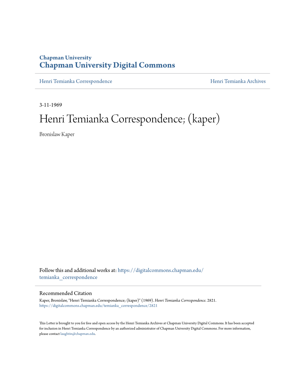 Henri Temianka Correspondence; (Kaper) Bronislaw Kaper