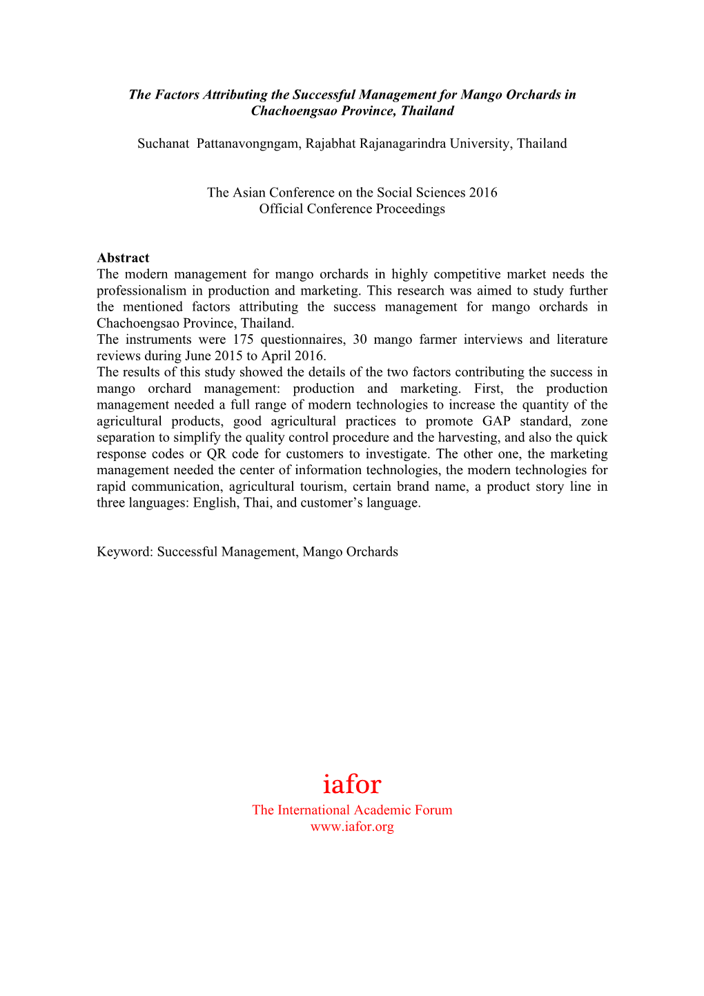 The Factors Attributing the Successful Management for Mango Orchards in Chachoengsao Province, Thailand