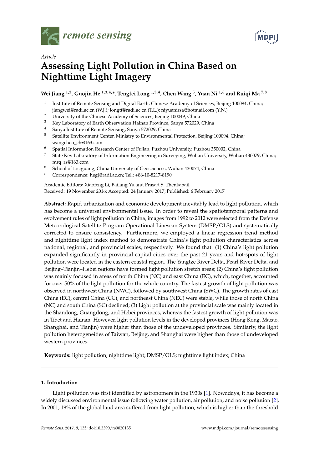 Assessing Light Pollution in China Based on Nighttime Light Imagery
