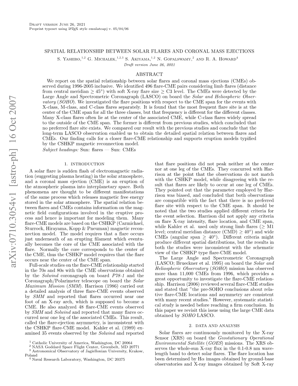 Arxiv:0710.3054V1 [Astro-Ph] 16 Oct 2007 Poland Ealdaayi Ftreﬂr-M Vnsobserved Events ﬂare-CME Three of by Analysis Detailed a H SK Aecemdl Alre L 18)Ex- (1989) the Al