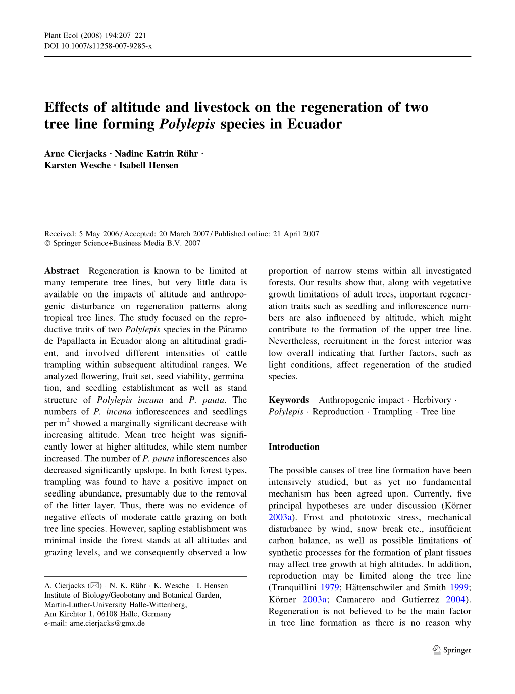 Effects of Altitude and Livestock on the Regeneration of Two Tree Line Forming Polylepis Species in Ecuador