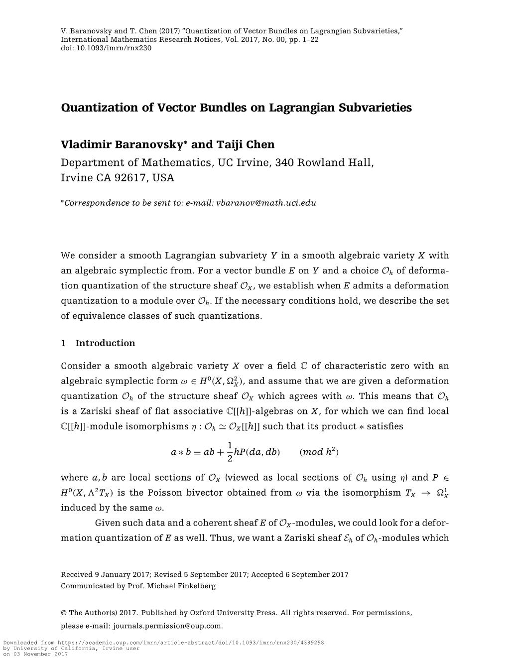 Quantization of Vector Bundles on Lagrangian Subvarieties,” International Mathematics Research Notices, Vol