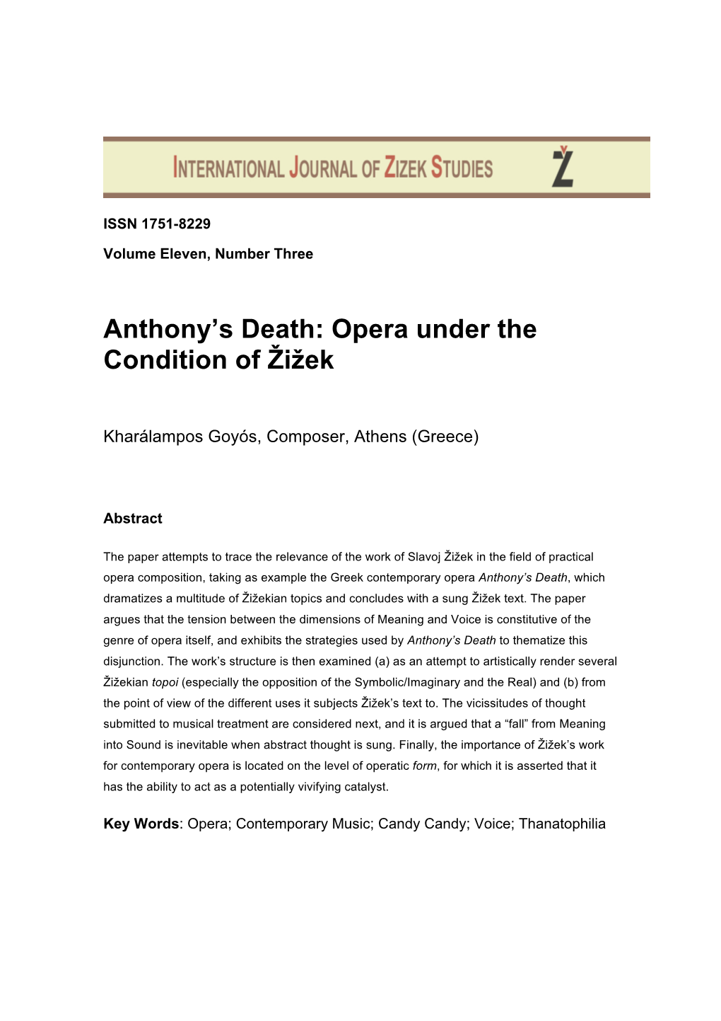 Anthony's Death: Opera Under the Condition of Žižek