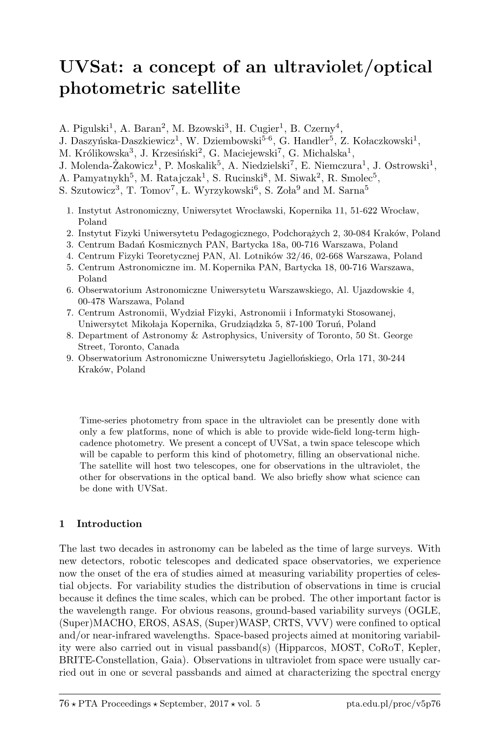 Uvsat: a Concept of an Ultraviolet/Optical Photometric Satellite