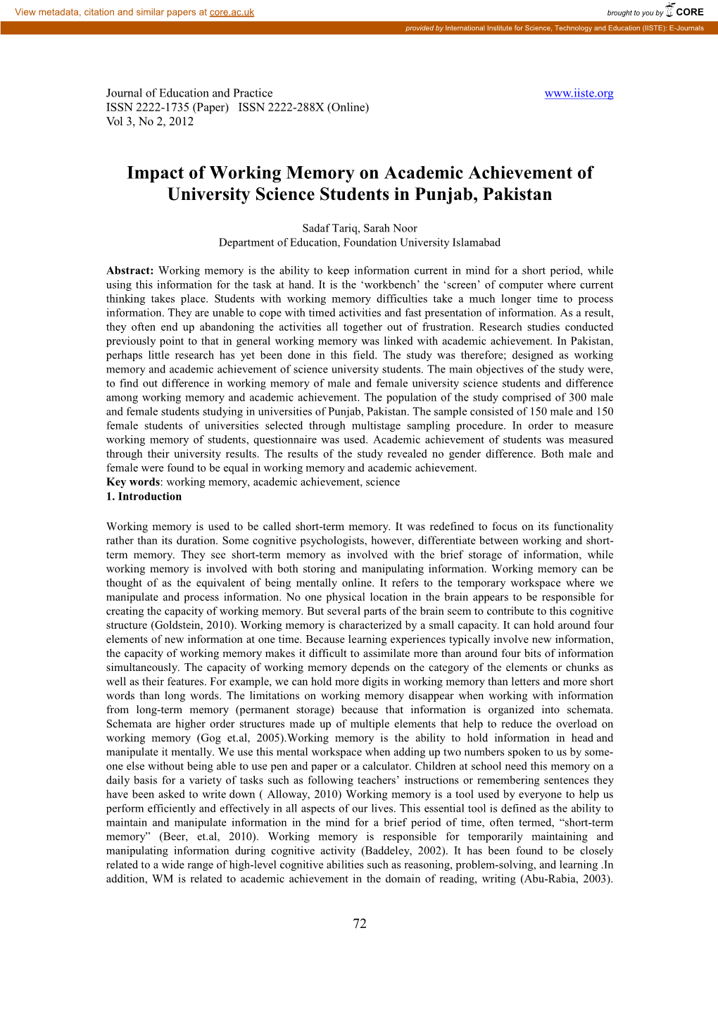 Impact of Working Memory on Academic Achievement of University Science Students in Punjab, Pakistan