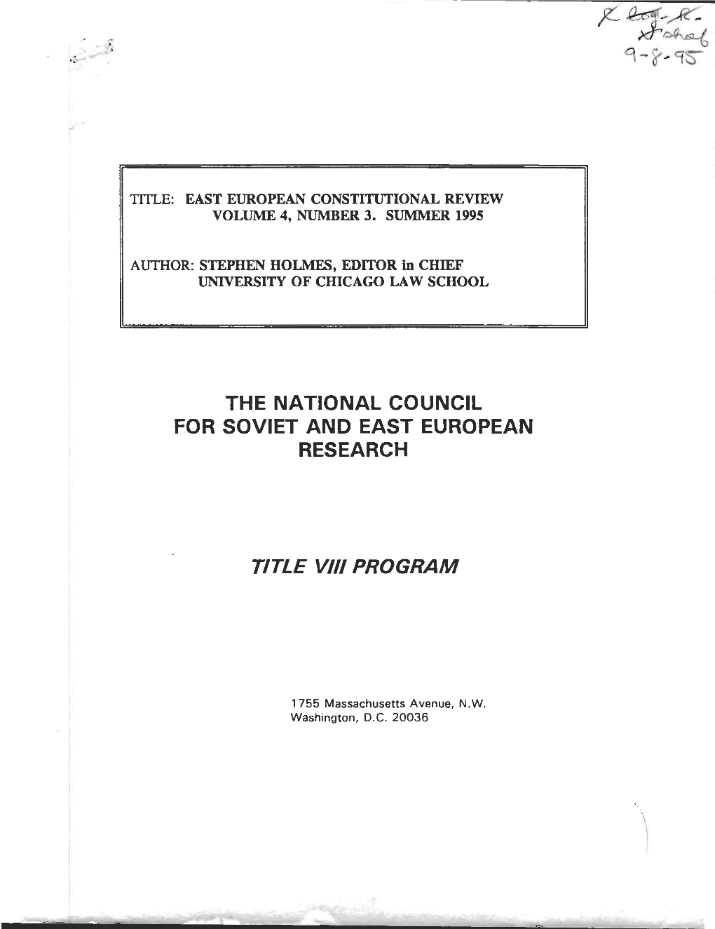 East European Constitutional Review Volume Number 3. Summer 1995