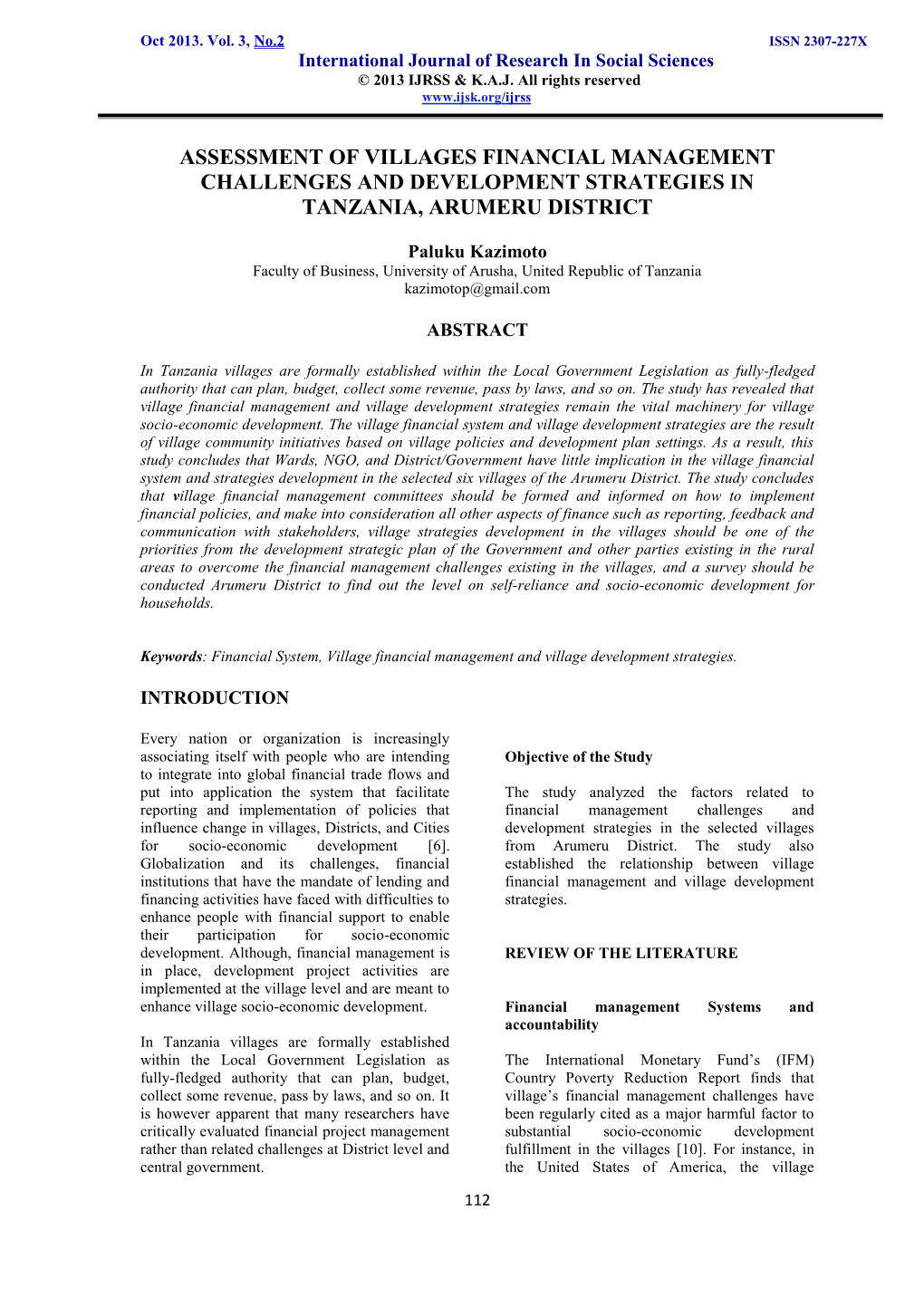 Assessment of Villages Financial Management Challenges and Development Strategies in Tanzania, Arumeru District