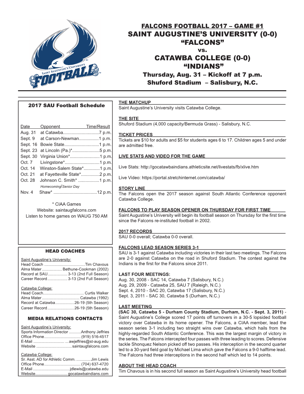 CATAWBA COLLEGE (0-0) “INDIANS” Thursday, Aug