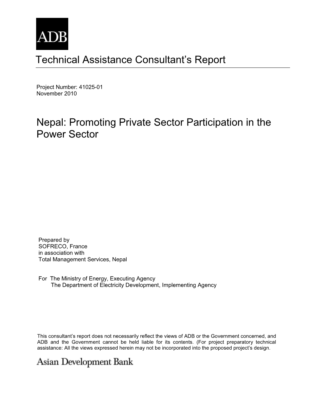 Technical Ssistance Consultant's Report Nepal: Promoting Private