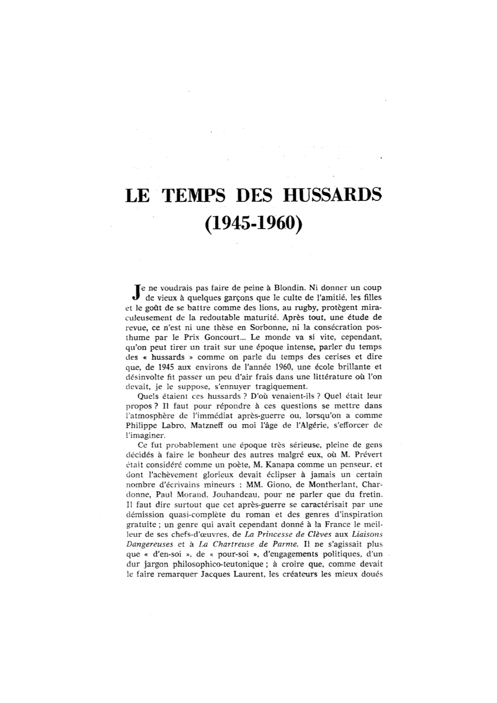 Le Temps Des Hussards (1945-1960)