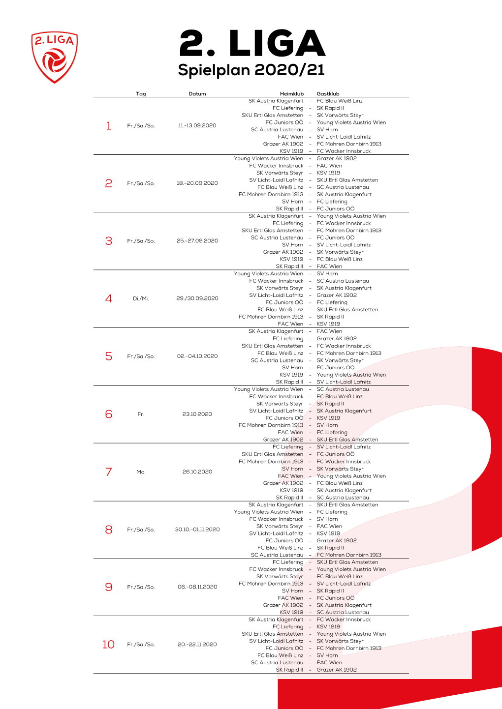 Spielplan 2. Liga 2020/21