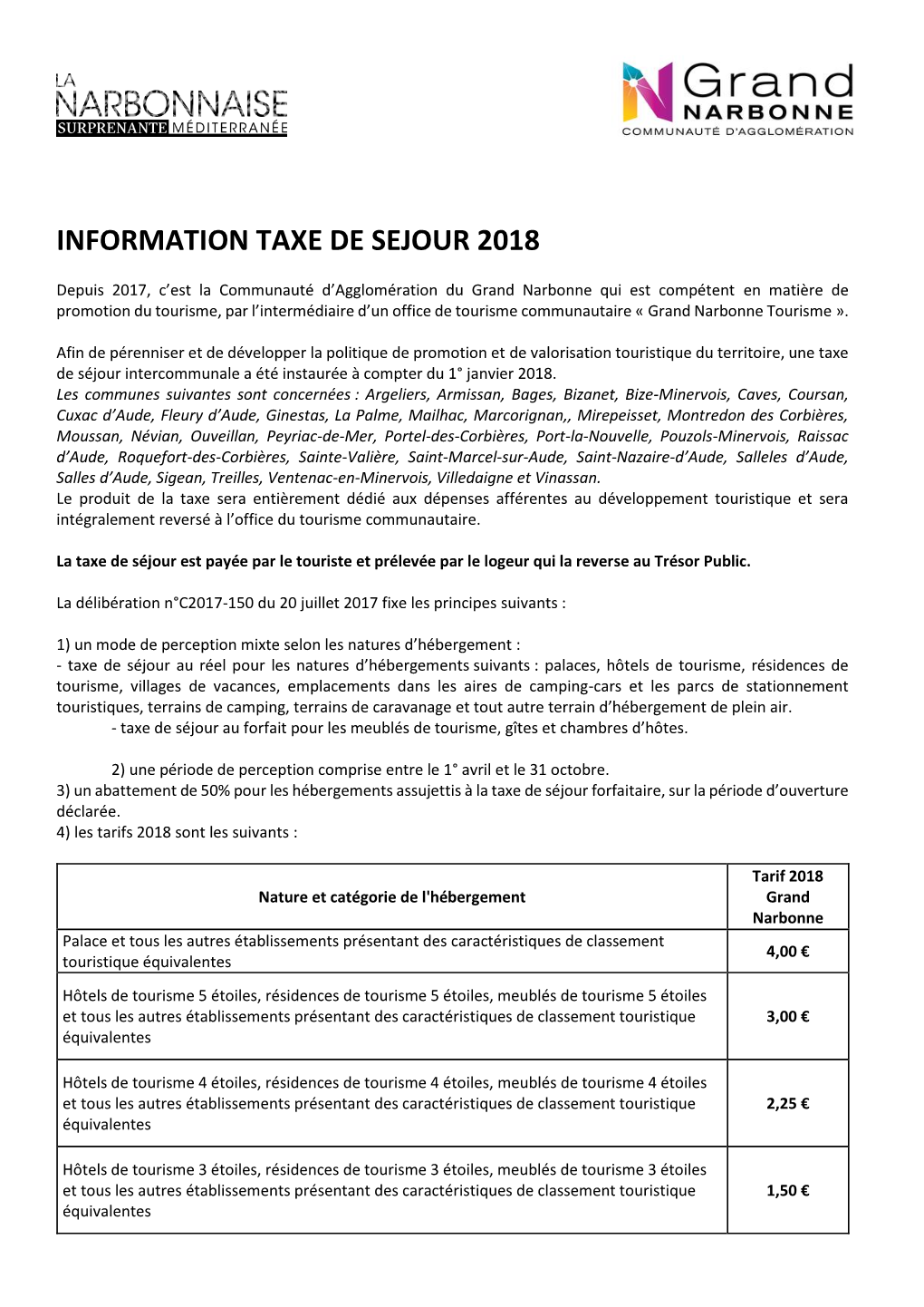 Information Taxe De Sejour 2018
