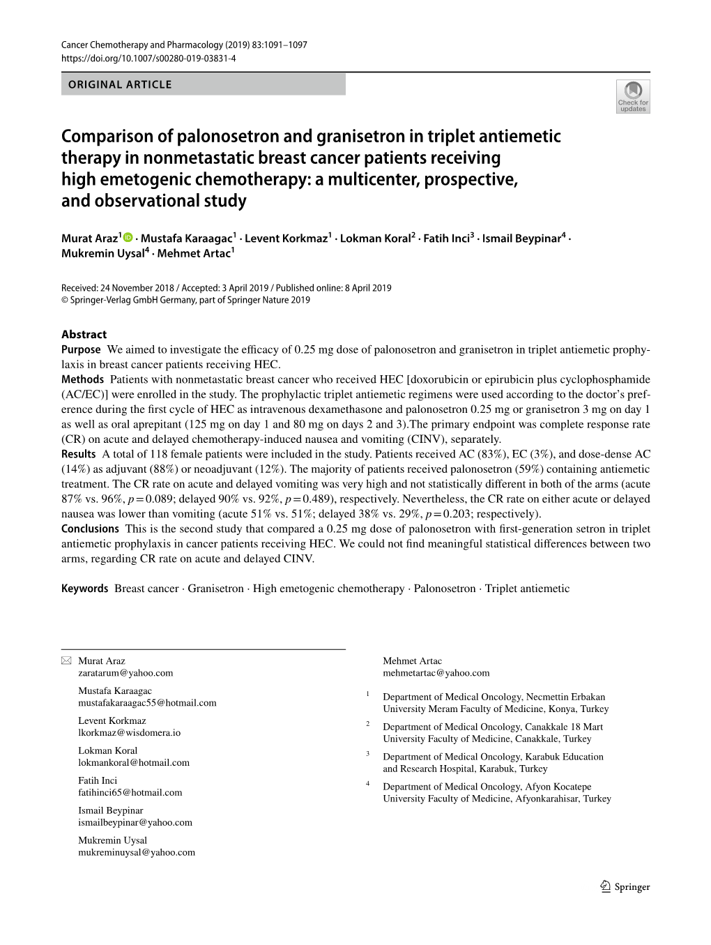 Comparison of Palonosetron and Granisetron in Triplet Antiemetic Therapy in Nonmetastatic Breast Cancer Patients Receiving High