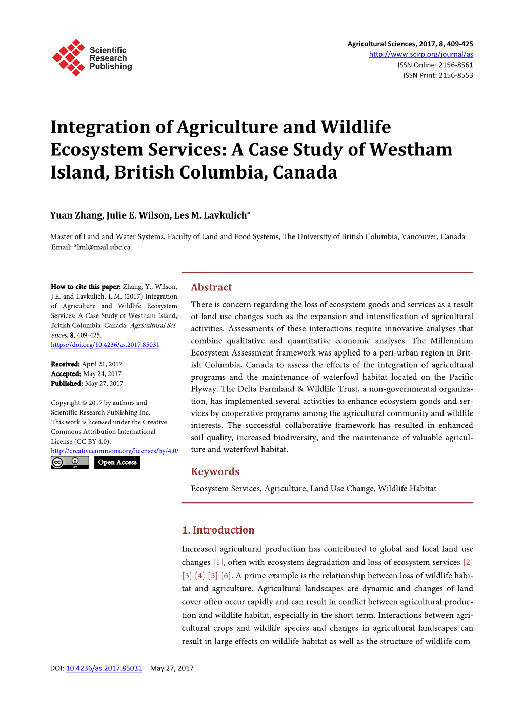 Integration of Agriculture and Wildlife Ecosystem Services: a Case Study of Westham Island, British Columbia, Canada