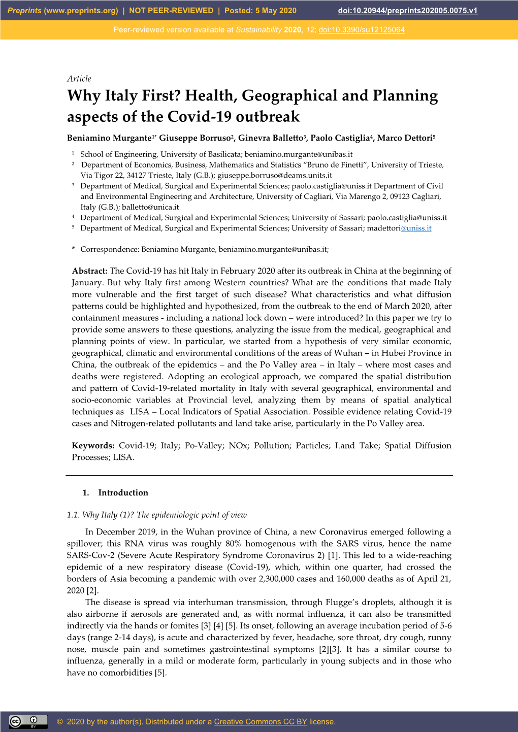 Why Italy First? Health, Geographical and Planning Aspects of the Covid-19 Outbreak