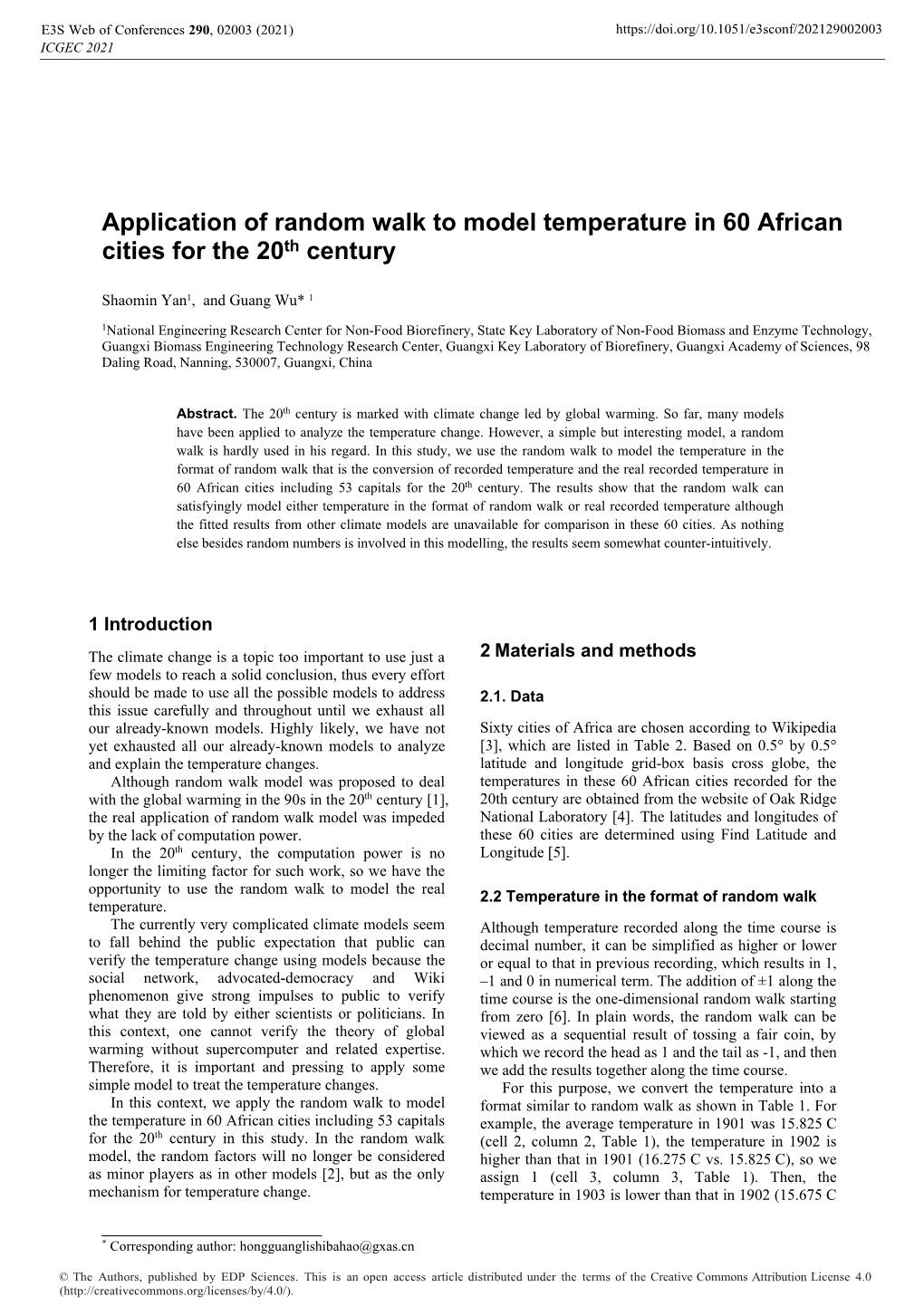 Application of Random Walk to Model Temperature in 60 African Cities for the 20Th Century