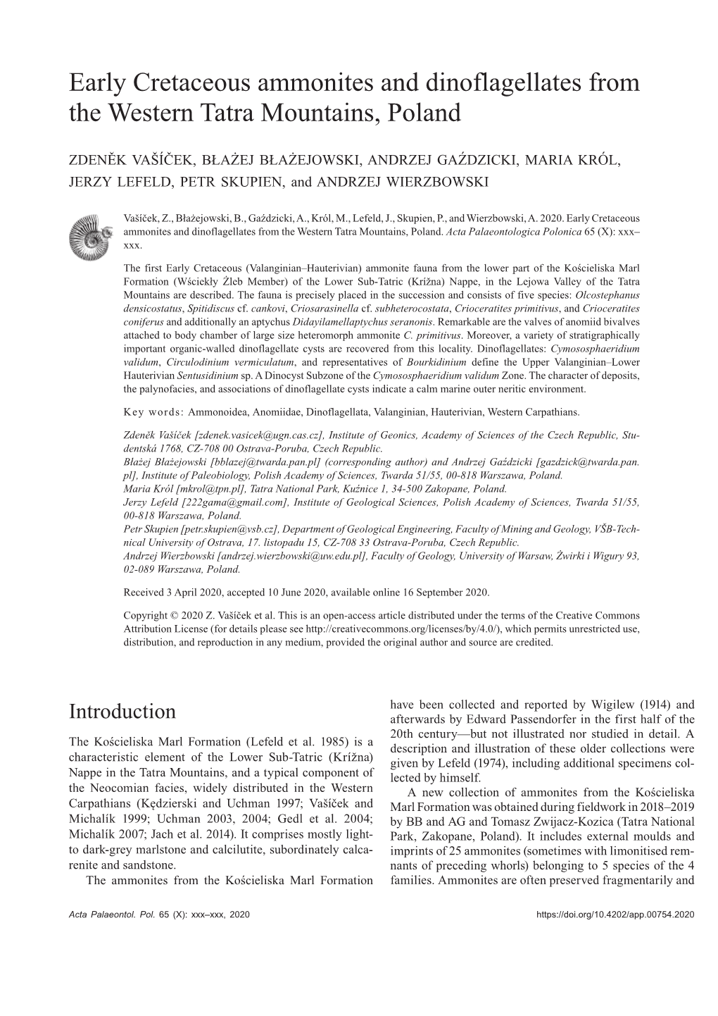 Early Cretaceous Ammonites and Dinoflagellates from the Western Tatra Mountains, Poland