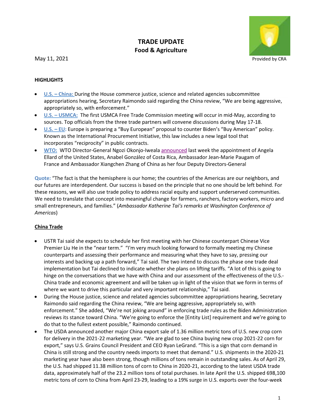 CRA Food & Agriculture Trade Update