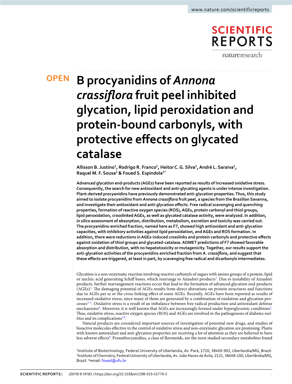 B Procyanidins of Annona Crassiflora Fruit Peel Inhibited Glycation, Lipid