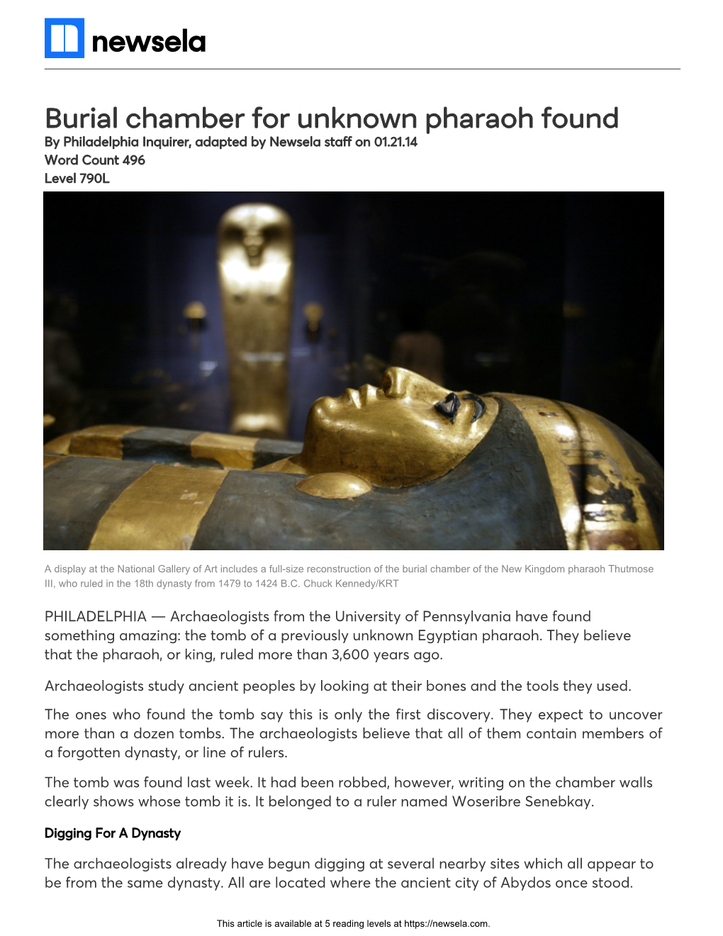 Burial Chamber for Unknown Pharaoh Found by Philadelphia Inquirer, Adapted by Newsela Staff on 01.21.14 Word Count 496 Level 790L