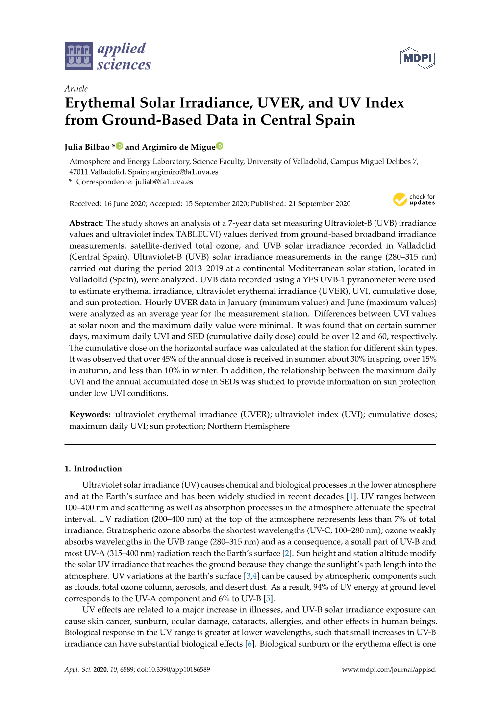 Erythemal Solar Irradiance, UVER, and UV Index from Ground-Based Data in Central Spain