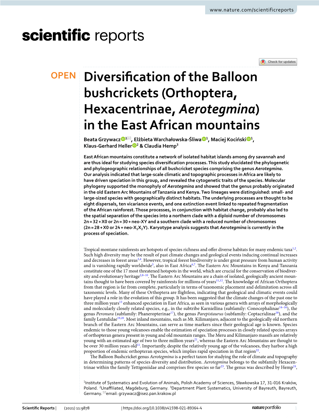 Diversification of the Balloon Bushcrickets (Orthoptera, Hexacentrinae, Aerotegmina) in the East African Mountains