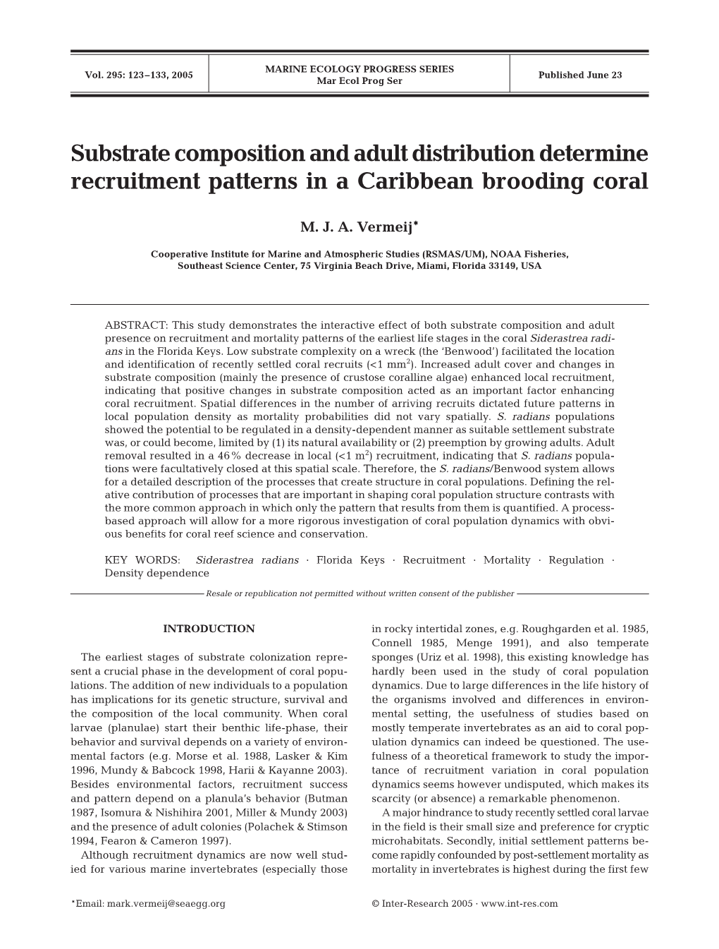 Substrate Composition and Adult Distribution Determine Recruitment Patterns in a Caribbean Brooding Coral