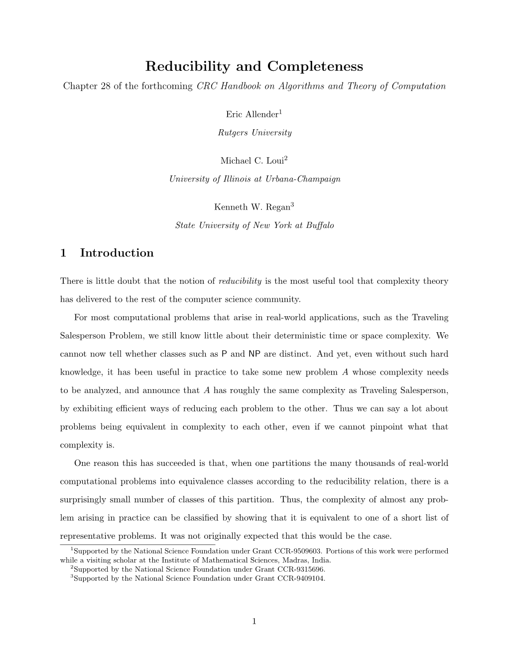 Reducibility and Completeness Chapter 28 of the Forthcoming CRC Handbook on Algorithms and Theory of Computation
