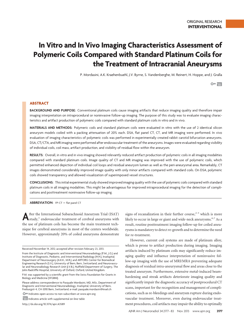 In Vitro and in Vivo Imaging Characteristics Assessment of Polymeric Coils Compared with Standard Platinum Coils for the Treatment of Intracranial Aneurysms