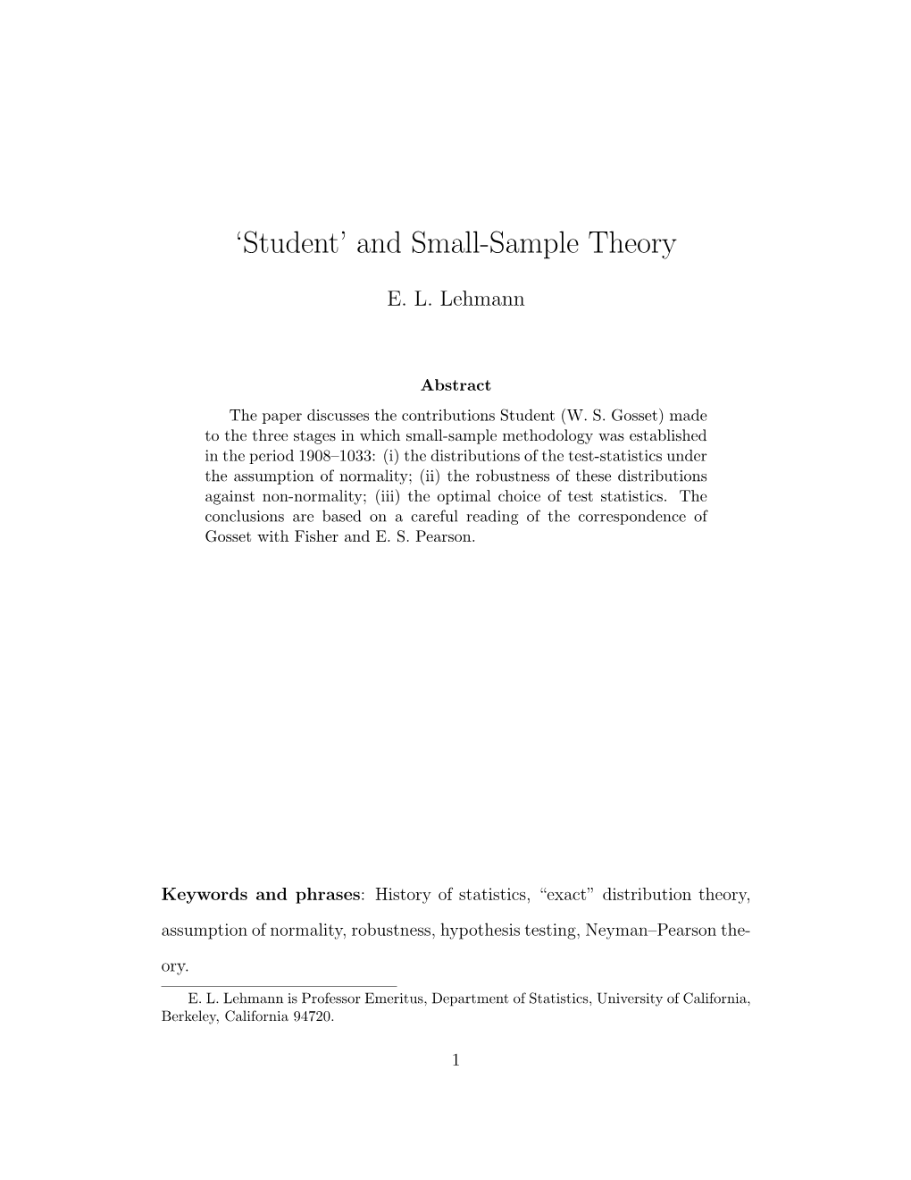 'Student' and Small-Sample Theory