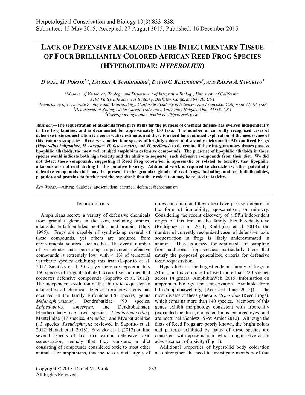 Lack of Defensive Alkaloids in the Integumentary Tissue of Four Brilliantly Colored African Reed Frog Species (Hyperoliidae: Hyperolius)